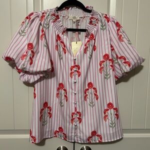 Entro pink and White Puff Sleeve Blouse with Peter Pan Collar